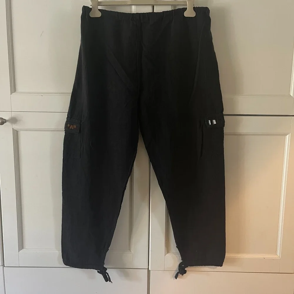Black Cotton Cargo Pants Drawstring Waist Woven Accent Boho Hippie Unisex XL